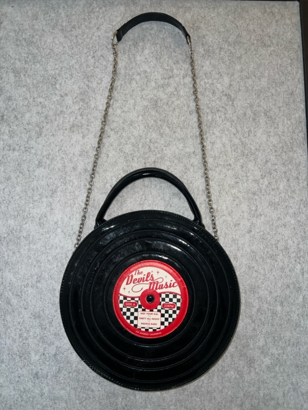 Black Vinyl Record Crossbody Bag with Red Accent